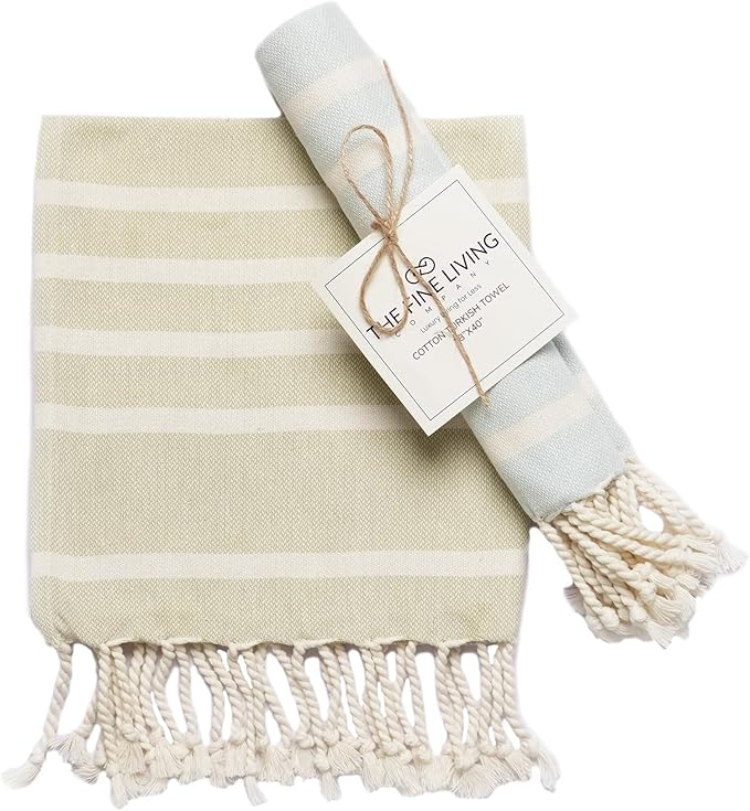 The Fine Living Co. Turkish Towels - Set of 2, 100% Cotton - Kitchen & Bathroom Towels | Decorative Face & Hair Towels for Guests, Tea & Dishcloth - 40'x18' (Green & Blue)
