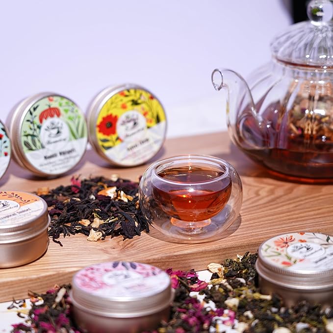 Harmoleaf Tea Gift Set for Women - 6 Herbal Loose Leaf Tea Blends, Insulated Ceramic Cup with Infuser & Lid | Birthday, Mother's Day, Anniversary & Retirement Gift for Her