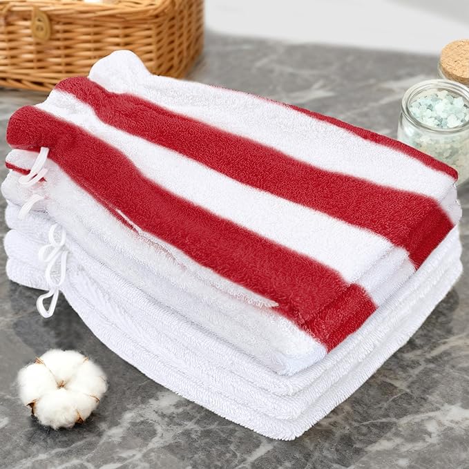 VOOVA & MOVAS Wash Mitts for Body 6-Pack, 100% Cotton Soft Absorbent Wash Cloths with Hanging Loop, 8.3x6.3 Inch European Style Wash Gloves for Shower & Spa, Red Stripe & White