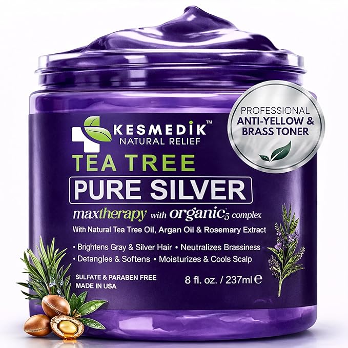 KESMEDIK Tea Tree Purple Hair Mask Toner with Argan Oil, Deep Conditioner for Dry Damaged Bleached, Blonde Silver White & Gray Hair Toner, Itchy Scalp Relief, Removes Brassy & Yellow Tones | Hydrating Hair Mask, Deep Conditioner, Hair Brightening, Gray...