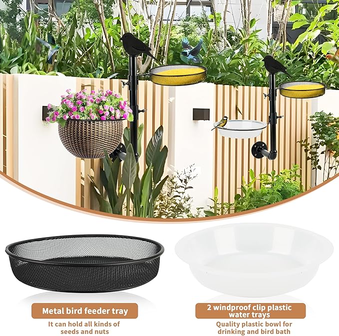 Wall-Mounted Bird Feeder with Metal Seed Tray and 2 Bath Bowls - Great for Porch or Fence, Attracts Wild Birds