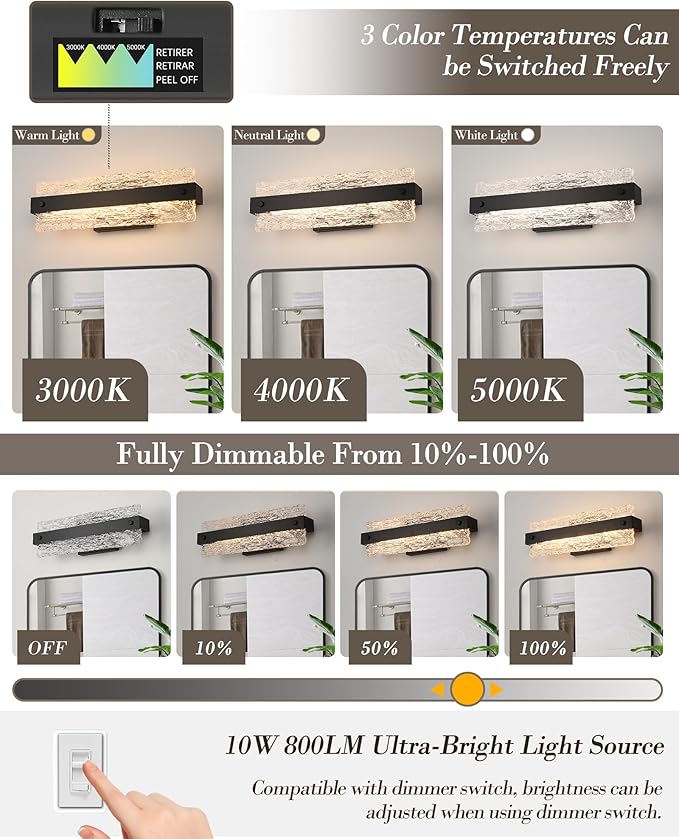 Modern Black Bathroom Vanity Light, 16.5 Inch 10W Dimmable LED Bathroom Light Fixture Over Mirror, Crystal Bar Wall Sconce Lighting for Bath, 3CCT, OS-MM5001-2BK
