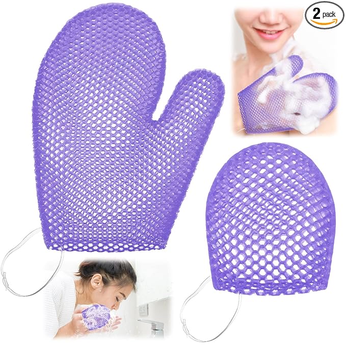 Karenhi 2 Pcs Honeycomb Exfoliating Glove Set Exfoliating Bath Mitt Honeycomb Face and Body Scrubber Shower Mitt for Cleaning Body Shower Face Skin Beauty Spa, Quick Drying(Purple)