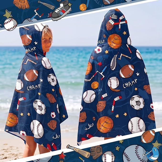 Peryiter 1 Pcs Ball Hooded Bath and Beach Towel 100% Cotton Pool Towels Wearable Bath Poncho Wrap for Swimming Shower Pool Travel Trips Vacations Absorbent Soft Beach Blanket