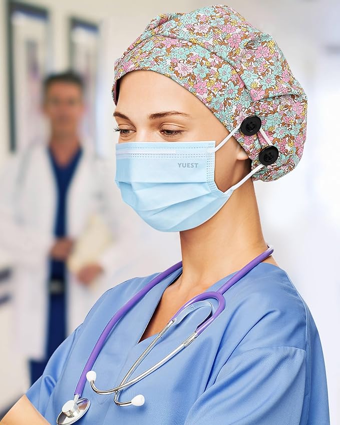 2 Pack Satin Lined Bouffant Scrub Caps with Buttons, Adjustable Scrub Caps for Women Men