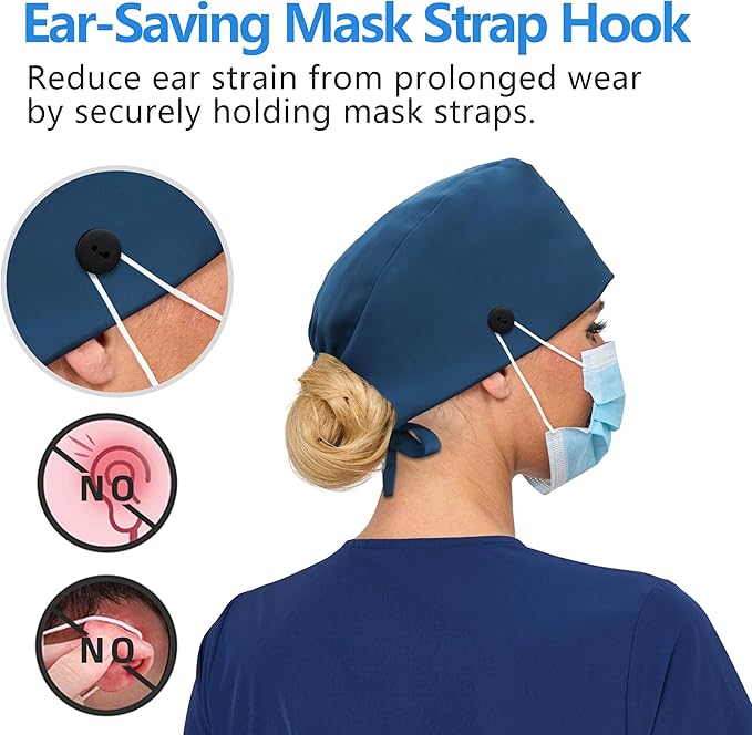 Satin Lined Scrub Cap, Adjustable Surgical Cap with Sweatband & Buttons, Soft and Wrinkle-Resistant Scrub Hat