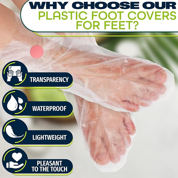 200 Pcs Plastic Foot Covers for Feet – 13 US Leak-Proof, Durable, Ribbed Anti-Slip Design with 200 Stickers for Snug Closure – Plastic Socks for Moisturizing Feet, Great for Wax Foot Care & Hydration