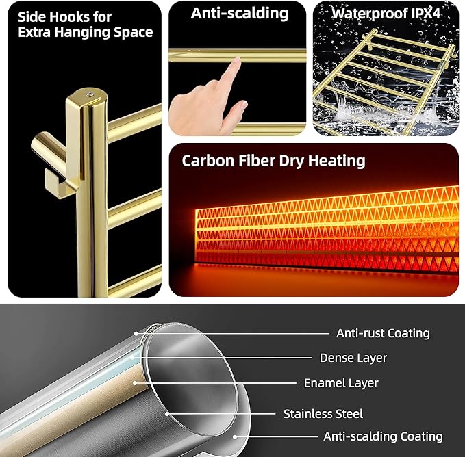 P&Dlusir Towel Warmer, Heated Towel Rack with Smart Timer and Thermo Control, Wall-Mounted Heated Towel Rail, Stainless Steel, Hard-Wired/Plug-in, Polished Gold, 8 bar