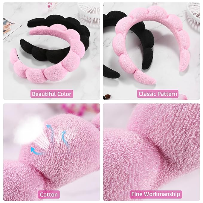 Ztomine Spa Headbands for Washing Face or Facial, Set of 2 Skincare Headbands, Terry Cloth Headband Wash Combo Pack - Puffy Makeup Washing, Mask, Skin Treatment (Black & Pink)