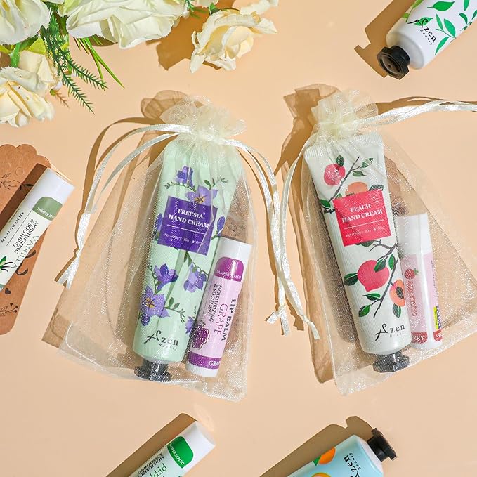 AZEN 8 Sets Bulk Gifts, Hand Cream and Lip Balm Bulk Set with Organza Bag Thank You Card, Baby Shower Wedding Gift for Guests, Bridal Wedding Favors for Guests, Mothers Day Gifts Stocking Stuffers