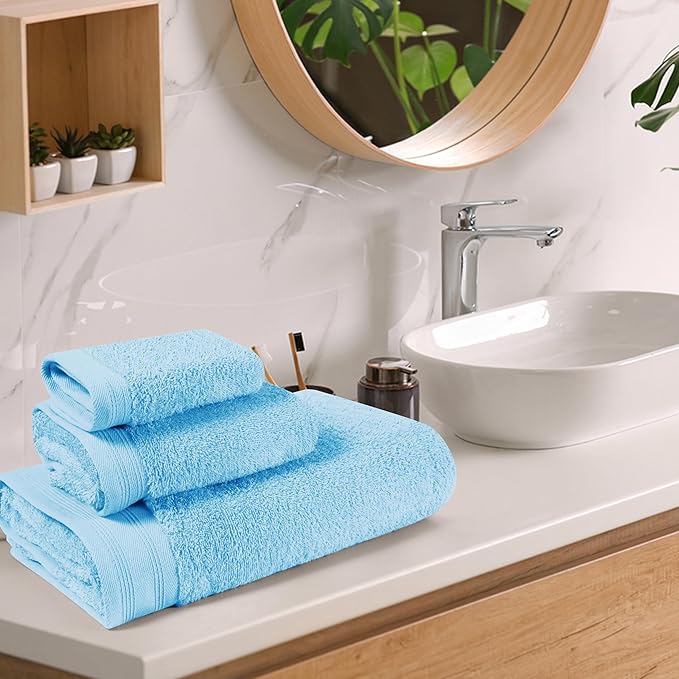 Ultra Soft 3 Pack Cotton Towel Set, Contains a Bath Towels 28x55 inch, a Hand Towels 16x24 inch & a Wash Coths 12x12 inch, Ideal Everyday use, Compact & Lightweight - Sky Blue, Medium