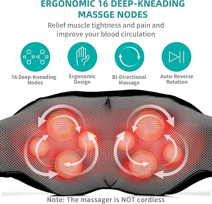 Nekteck Shiatsu Neck and Back Massager with Soothing Heat, Electric Deep Tissue 3D Kneading Massage Pillow for Shoulder Leg Body Muscle Pain Relief, 3 Speed Intensities (Rechargeable)