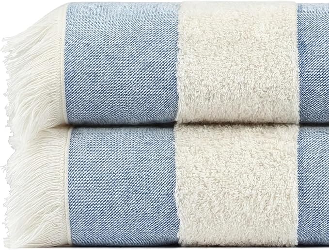Lightweight Turkish Beach Towel - 100% BCI Cotton, Unbleached Raw Fringe, Oeko-TEX Certified, Absorbent, Eco-Friendly, 36x66”, Sky Blue & Natural Stripes, Portable Sarong Blanket for Pool, Travel