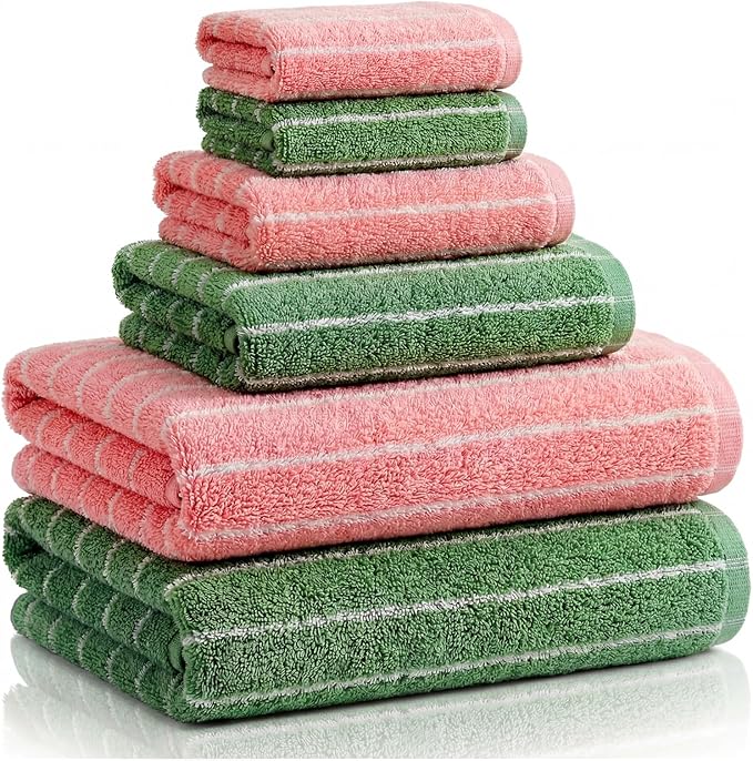 6 Pcs Large Bath Towels Set 28x55 Inch Soft Cotton Towels for Bathroom Pink Green Striped Towel Set Highly Absorbent & Quick Dry Towel for Spa Gym | 2 Bath, 2 Hand, 2 Washcloth(Pink Green)