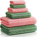 6 Pcs Large Bath Towels Set 28x55 Inch Soft Cotton Towels for Bathroom Pink Green Striped Towel Set Highly Absorbent & Quick Dry Towel for Spa Gym | 2 Bath, 2 Hand, 2 Washcloth(Pink Green)
