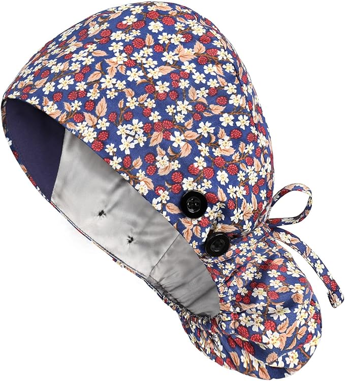 Satin Lined Scrub Caps with Buttons & Sweathand, Surgical Caps for Women