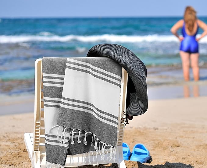 Goroly Home Cotton Turkish Peshtemal Beach Towel, Extra Large, Thin Quick Dry Sand Free Pool & Swim Towel, Bathing Blanket, Travel Essentials, (Charcoal, 36x71 Inches)