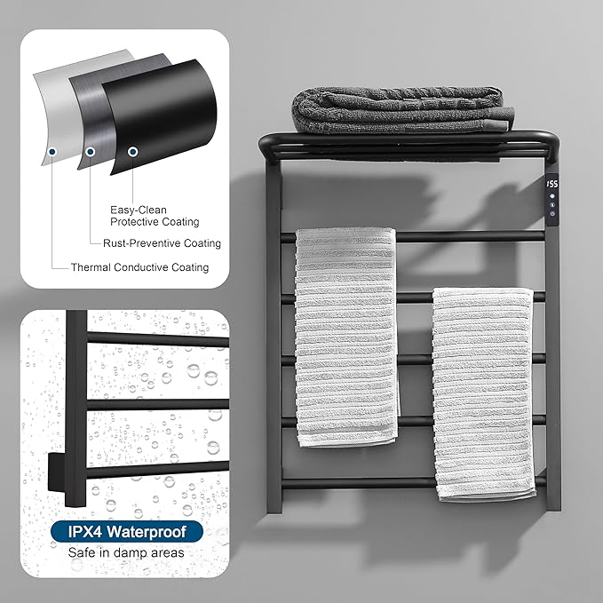 Heated Towel Racks for Bathroom, Hot Towel Warmer with 24hr Timer Stainless Steel Wall Mounted Electric Towel Warmers for Bathroom (Black, 5-Bar)