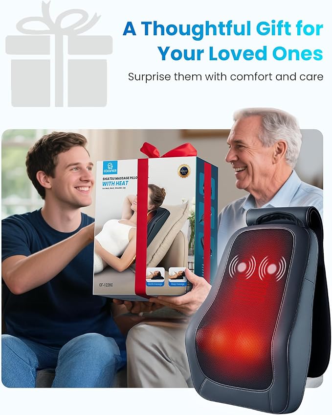 COMFIER Cordless Shiatsu Neck Back Massager with Heat 3D Roller & 8 Nodes Deep Kneading,Portable Massager for Neck Pain Relief with Detachable Flap,Perfect for Office,Chair,Home,Mothers Day Gift