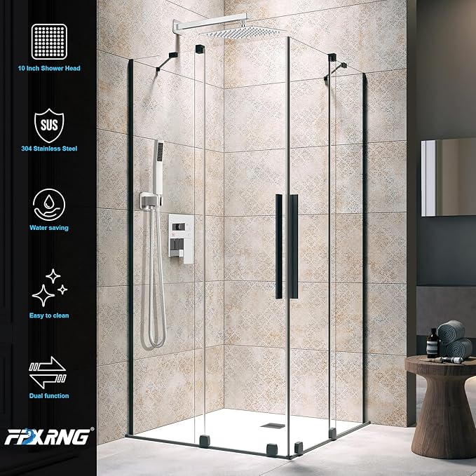 FPXRNG Shower Faucet Set Bathroom Square Rain Shower Head and Handle Set, Wall Mounted Shower Fixtures, Full Metal Trim Repair Kit 10 inch Polished Chrome (With Shower Valve)