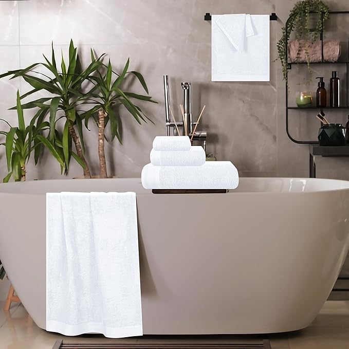 Ultra Soft 6 Pack Cotton Towel Set, Contains 2 Bath Towels 28x55 inch, 2 Hand Towels 16x24 inch & 2 Wash Coths 12x12 inch, Ideal Everyday use, Compact & Lightweight - White