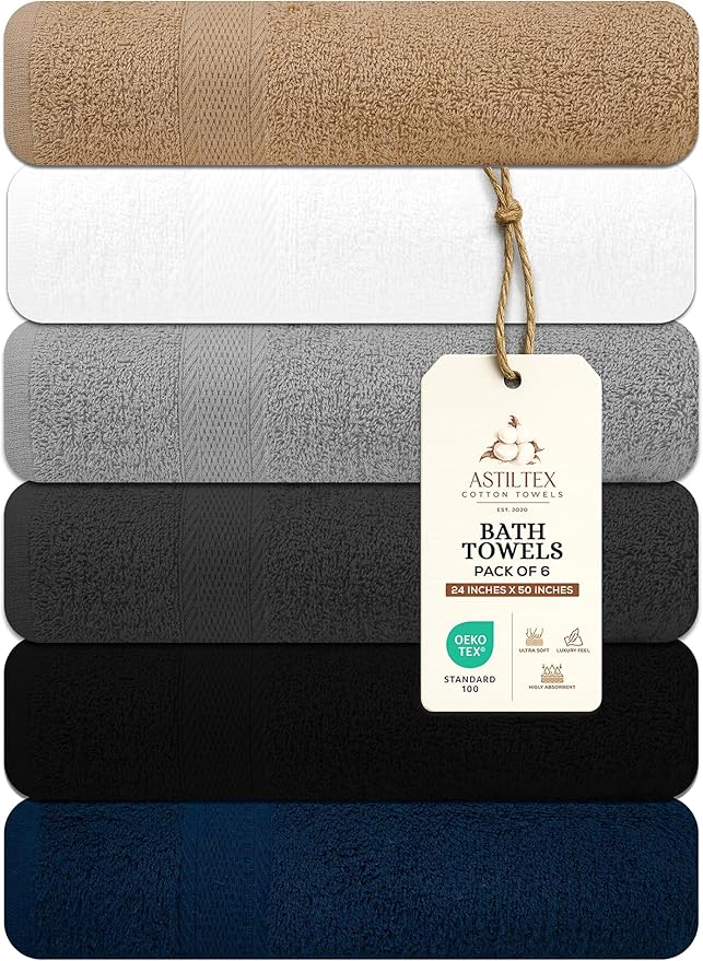Large Bath Towels Pack of 6 – 24" x 50", 100% Cotton Terry – Soft, Quick-Dry & Highly Absorbent – Multi Assorted Towels for Bathroom, Spa, Shower, Pool & Daily Use