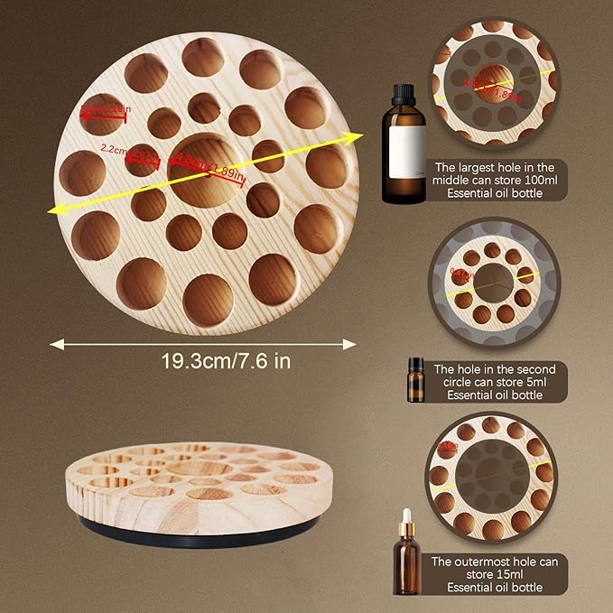 VolksRose Rotating Essential Oil Organizer - Wooden Bottle Storage with 22 Holes for 5ml/15ml/100ml, Pinewood Fragrance Stand for Roller Bottles, Perfume - Home Spa Nail Polish Display Stand