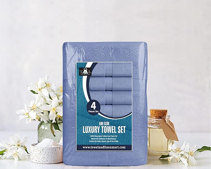 Towel and Linen Mart 4 Pieces Bath Towel Sets - Electric Blue - 2 ply Low Twist Soft Feel Luxurious,Quick Dry, Extra Absorbent, 100% Ring Spun Cotton 600 GSM (27 x 54, Pack of 4)