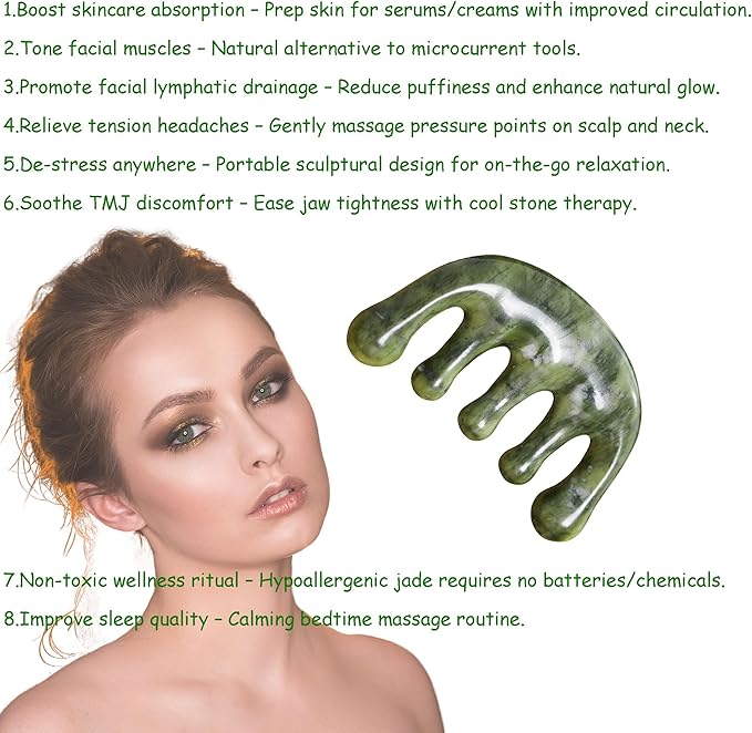 Meridian Massage Comb for Face & Scalp, Natural Stone, Stimulates Blood Circulation, Promotes Meridian Flow, Multi-Purpose Head Massager for Relaxation & Wellness (Jade-Green_Comb)