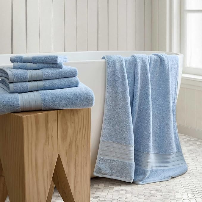 Martha Stewart - Bath Towels, Soft & Absorbent 100% Cotton Towels, Plush 700 GSM, 6-Piece Bathroom Towel Set with Textured Dobby Weave (Skyland Manor Blue)