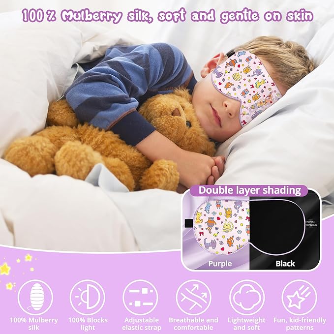 Kids Sleep Mask Eye Cover: 100% Real Natural Pure Silk Eye Mask with Adjustable Strap, Funny Blindfold Kids Eye Mask for Sleeping, Soft & Lightweight Eye Shade for Boys Girls Teens (Cats Style)