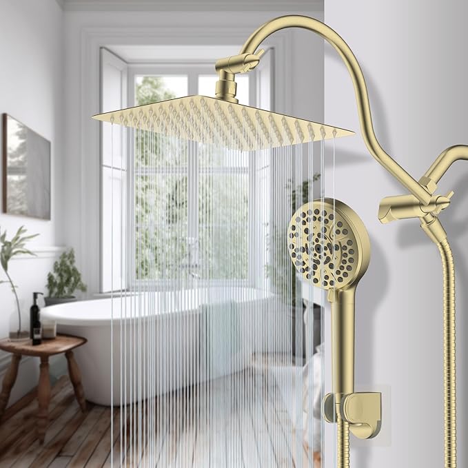 Hibbent All Metal CUPC Certified Shower Head, 10'' High Pressure Rainfall Shower Head, Handheld Showerhead Combo, 12'' Adjustable Extension Arm, 10 Sprays, 71'' Hose, Shower Holder, Brushed Gold