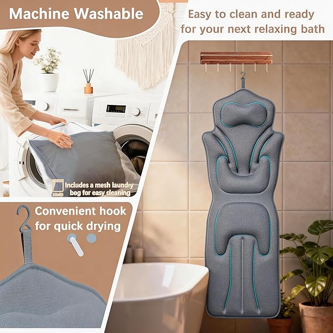Ergonomic Full Body Bath Pillow for Bathtub, 5D Luxury Spa Cushion with 114 Non-Slip Suction Cups, Extra Long Thick Bath Pillow for Full Body Support, for Adult with Laundry Bag & Hook