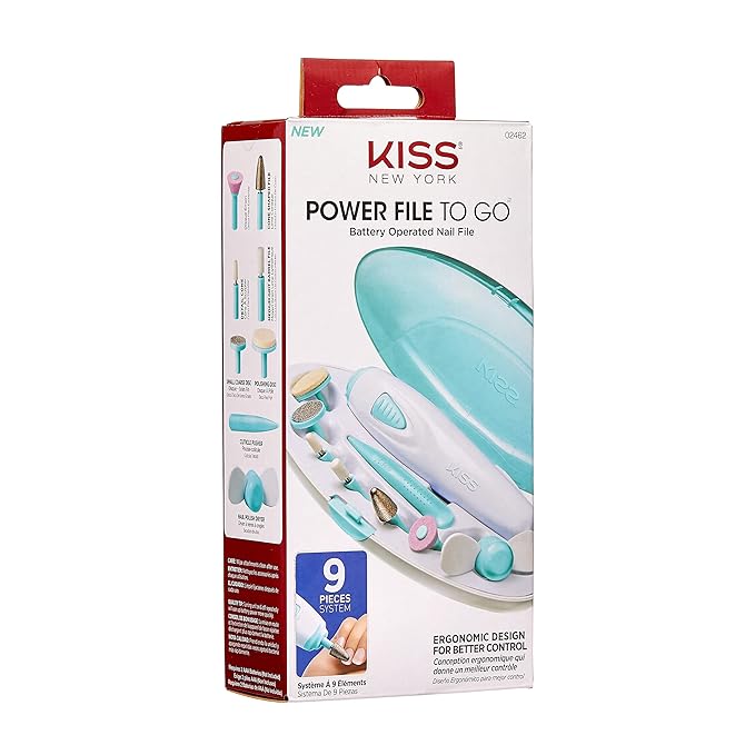 KISS Power File to Go Battery Powered Mani/Pedi Tool Professional Nail Care with 8 Attachments & Storage Case, Shape, Clean, and Polish Nails