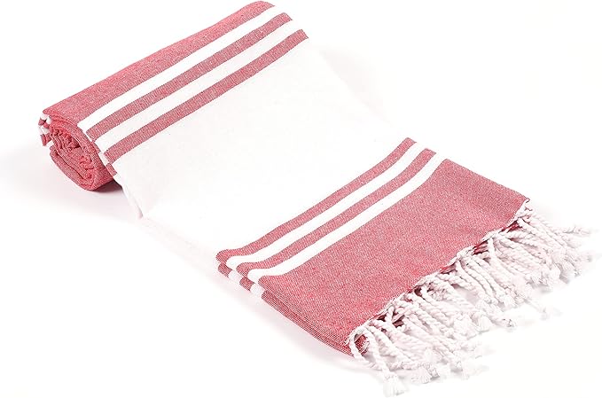 Goroly Home Cotton Turkish Peshtemal Beach Towel, Extra Large, Thin Quick Dry Sand Free Pool & Swim Towel, Bathing Blanket, Travel Essentials, (Red, 36x71 Inches)