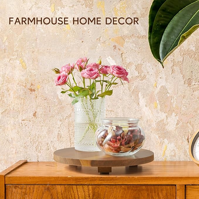 Small Round Decorative Tray Acacia Wood Bathroom Counter Organizer Pedestal Stand Farmhouse Kitchen Decor Wooden Riser for Soap Dish, Perfume, Candle, Sponge, 9"