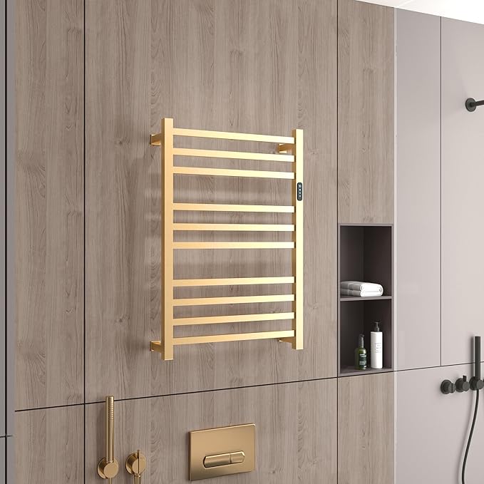 Luxury Heated Towel Rack for Bathroom, Wall Mounted Electric Towel Warmer Racks with Timer & Temperature Multi-Level Adjustable, 10 Bars Stainless Steel Towel Heater for Bathroom (Brushed Gold)