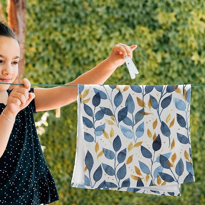 Blue and Gold Leave Branches Hand Towels for Bathroom Set of 2,Watercolor Navy Golden Leaf Decorative Bathroom Towels for Bath,Face,Hair,Soft Absorbent Dish Towels for Kitchen Decor 28"x14"