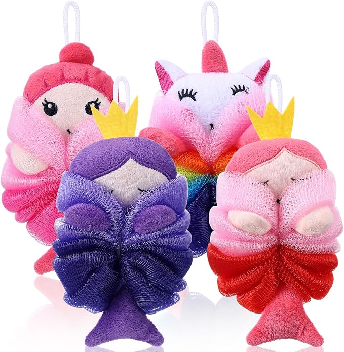 Tatuo 4 Pcs Animal Bath Loofahs Kids Body Loofah Cartoon Shower Cute Bath Sponge Pouf Body Scrubbers Mesh Sponge for Toddler Children Boys Girls Shower Baby Washing Exfoliating (Girls)