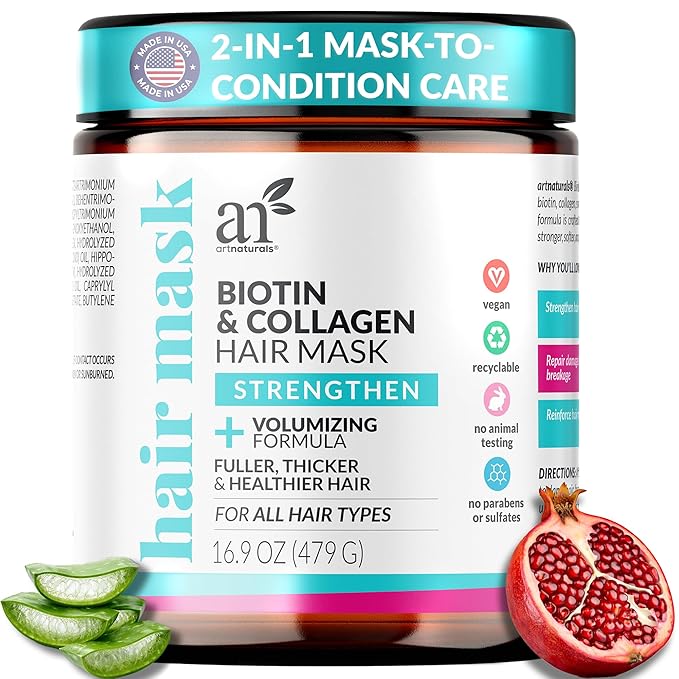 Artnaturals Biotin & Collagen Hair Mask – Strengthening & Volumizing Treatment for Fuller, Thicker Hair – With Jojoba, Almond & Sage Oils – Vegan, No Parabens or Sulfates – 16.9 oz