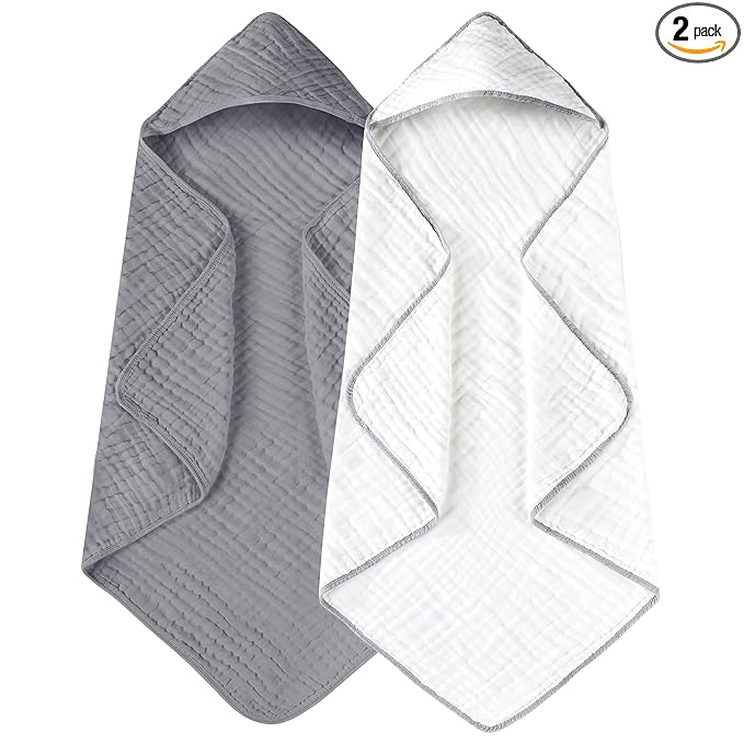 Yoofoss Hooded Baby Towels for Newborn 2 Pack 100% Muslin Organic Cotton Baby Bath Towel with Hood for Babies, Infant, Toddler and Kids, 32x32Inch, Soft and Absorbent Newborn Essential,White&Pure Grey