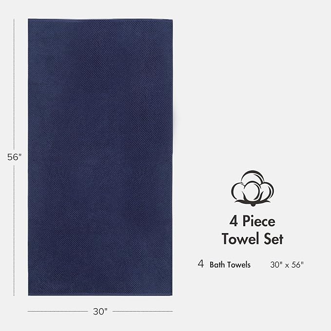 Madison Park 4-Piece Bath Towel Set for Bathroom 30" x 56" Large Diagonal Ribbed, Navy - 100% Cotton Soft Quick Dry & Absorbent Gift | Zero Twist, 500 GSM, Oeko-TEX, Hotel Quality