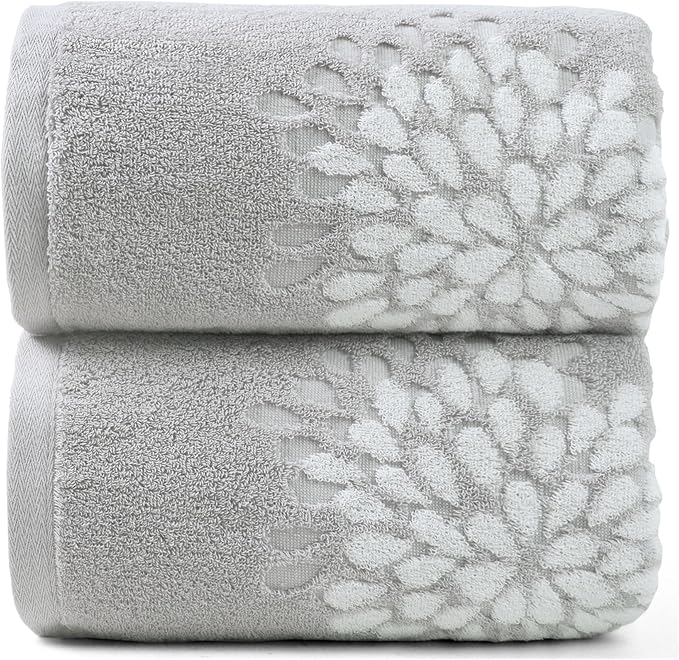 Cute Bath Towels Set of 2 (Light Grey) - Large 55” x 28”, Decorative Hydrangea Floral Jacquard, Guest Room & Bathroom Decor, Cotton