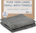 Pure Linen Small Bath Towels Set - 2-Pack 20x40-inch Quick Dry Towels for Sensitive Skin - Thin Towels for Bathroom - Lightweight Waffle Weave Towel for Kids Black-Natural
