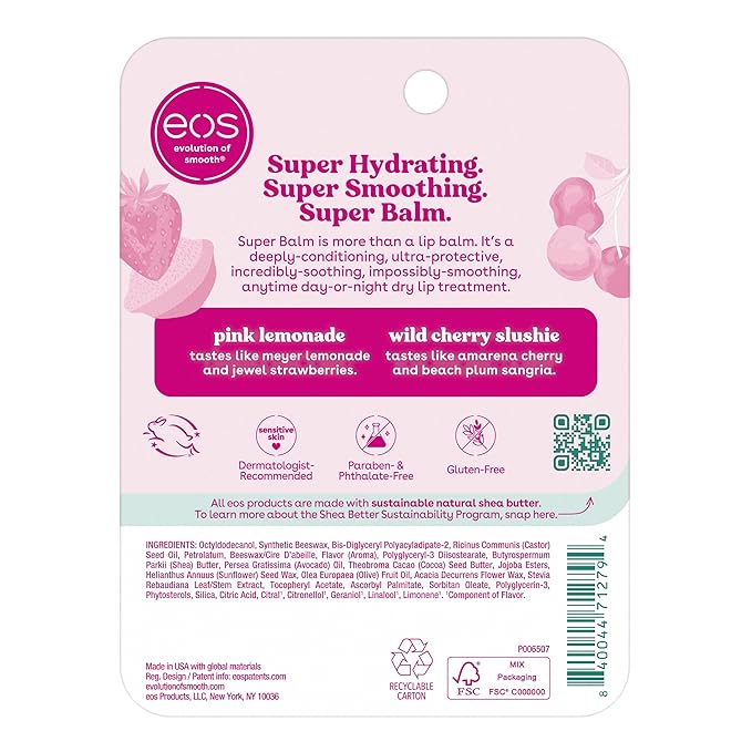 eos 24H Moisture Super Balm - Pink Lemonade & Wild Cherry Slushie, Day or Night Lip Treatment, Made for Sensitive Skin, Lip Balms & Moisturizers, 0.35 fl oz, 2-Pack
