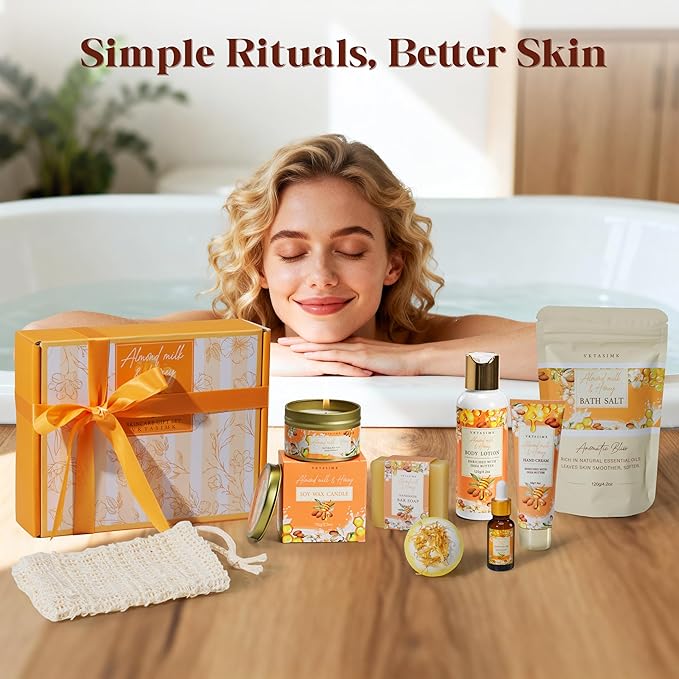 Birthday Gifts for Women, Almond Milk & Honey Relaxing Spa Gift Baskets for Women, Self Care Gifts Home Bath and Body Gifts Set for Mom, Girlfriend, Sister, Female Friends, Coworker