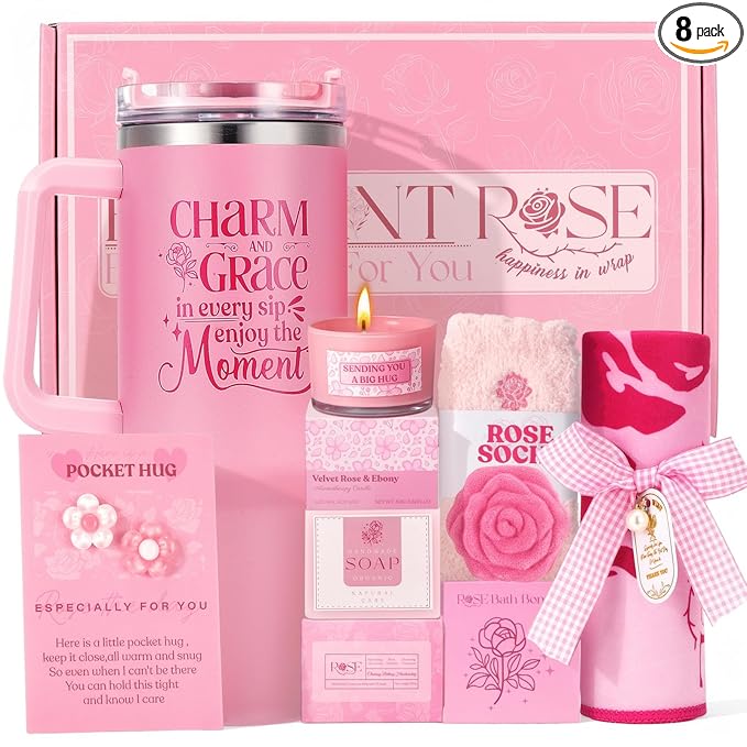 Mothers Day Gifts for Mom Wife Sister Friend - Gift Set for Women Self Care, Pink Birthday Gift Baskets for Women, Relaxation Gifts Spa Gift Basket Self Care Package for Her w/ 40oz Insulated Tumbler