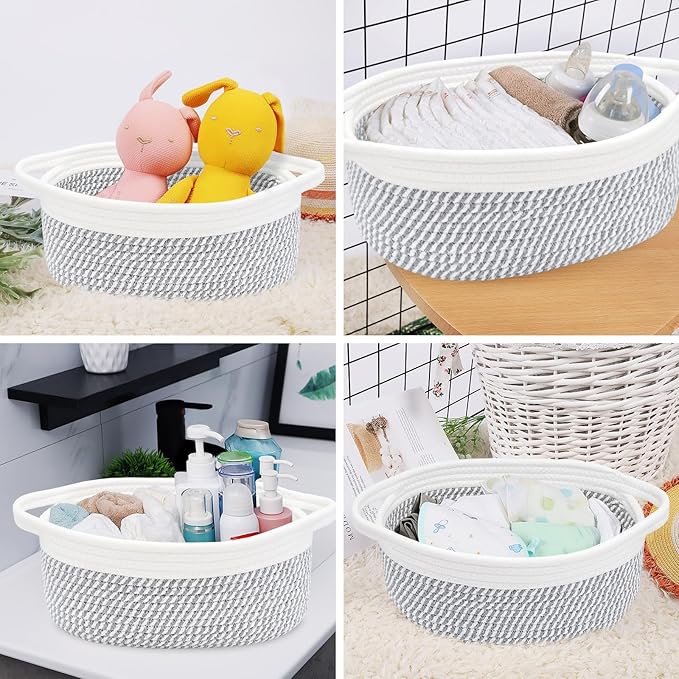 ABenkle Small Basket, 12"x 8" x 5" Cute Small Woven Basket, Rope Room Shelf Storage Basket, Cat Dog Toys Basket Chest Box, Decorative Empty Gift Basket with Handles