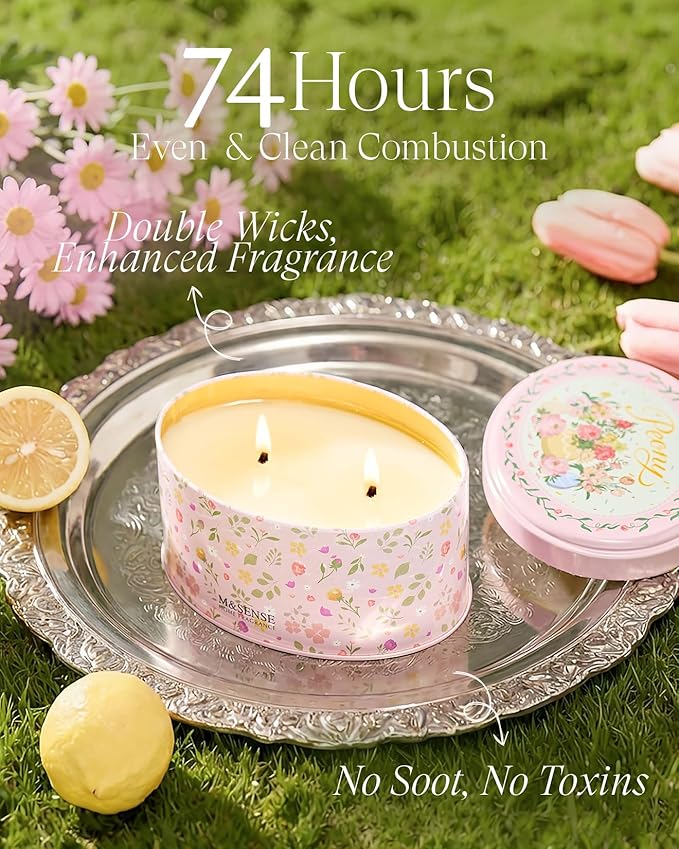 M&SENSE Dual-Wick Peony Scented Candle 12oz,2 Wick Spring Soy Candles,Mother's Day Candle, Natural Soy Wax for Home Scented, Floral Scented Birthday Gift for Her Women
