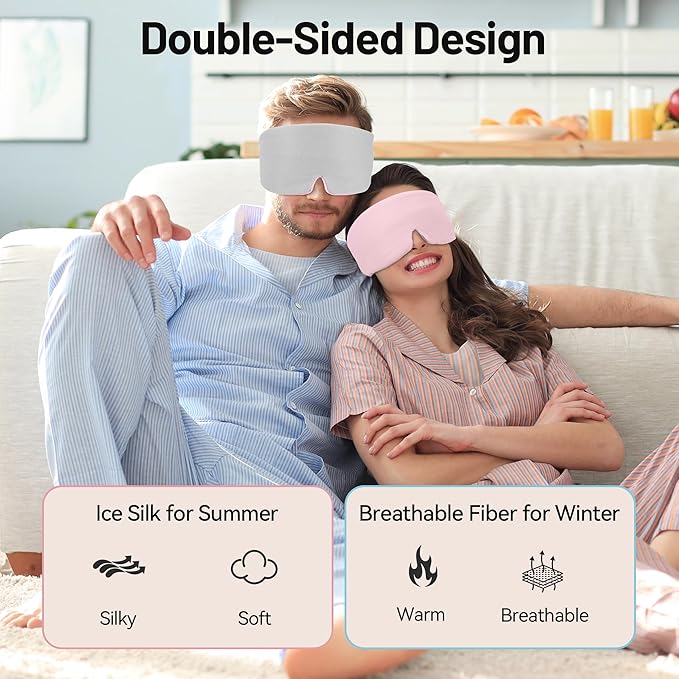 LOVE EYE Dual Side Sleep Mask,Ice Silk Eye Sleeping Mask & Blindfold with Adjustable Strap,Warm and Cool Side Total Blackout Eye Covers for Women Men Sleep Travel Nap (Pink)